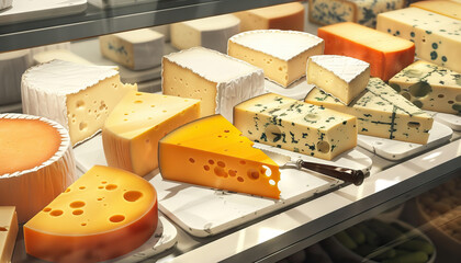 Assorted Cheese Selection: A variety of cheeses including cheddar, mozzarella, Swiss, and brie showcased on a cheese counter in a gourmet food store