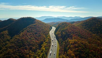 View from above of I-40 freeway route in North Carolina leading to Asheville thru Appalachian...