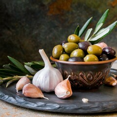 Fresh garlic and olives, simply highlighting their deliciousness and conveying the freshness.