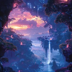 mystical creatures roam under a glowing sky Intrigue viewers with enchanting details like floating islands and cascading waterfalls - obrazy, fototapety, plakaty