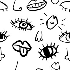 Eyes, lips, noses doodle seamless pattern in black and white colors, simple quirky background