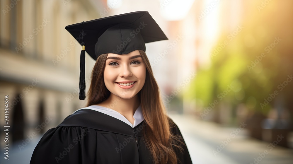 Canvas Prints a graduate woman with a beaming smile on an urban street, bathed in warm sunlight.