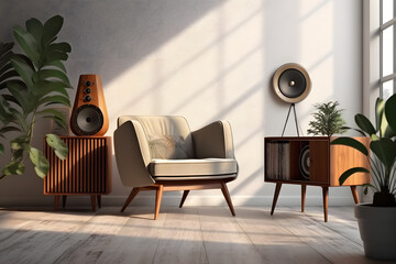 Modern retro concept of home interior with design grey armchair, coffee table and vynil record player