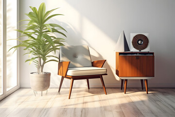 Modern retro concept of home interior with design grey armchair, coffee table and vynil record player