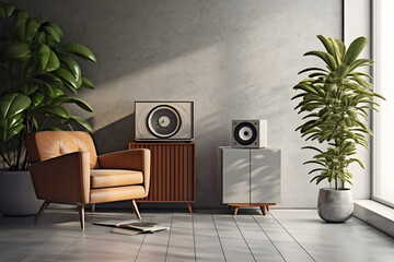 Modern retro concept of home interior with design grey armchair, coffee table and vynil record...