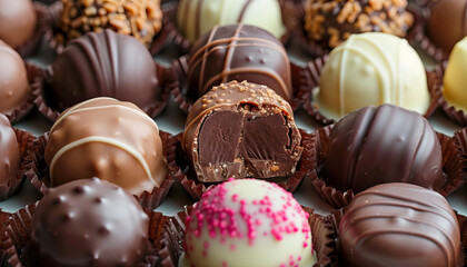 Artisanal Chocolates and Truffles: Handcrafted chocolates, truffles, and pralines in assorted flavors and designs presented in a chocolate boutique or confectionery