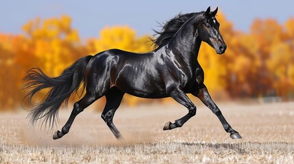   A black horse gallops through a field of dried grass In the backdrop, trees don with yellow and orange leaves stand still