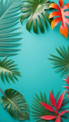 Fototapeta na wymiar Summer time, frame background, template, tropical leaves on pastel background, copy space, top view.