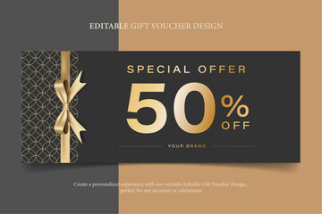 Black and golden Gift voucher coupon discount with Gold ribbon Luxury modern, promotion for luxury hotel resort and spa travel, elegant beauty, clinic, cosmetic, e-commerce promotion, vector template - obrazy, fototapety, plakaty
