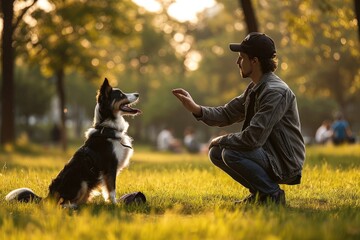 A dog trainer teaching a dog, A dog trainer teaching a dog new tricks in a park, AI generated