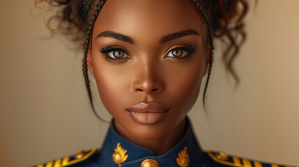 Close-up portrait of a young woman with flawless skin and makeup, wearing a military-style jacket with golden epaulettes, exuding confidence and elegance. - obrazy, fototapety, plakaty