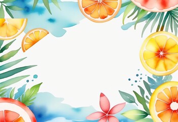 Frame summer background, watercolor drawing, template, copy space.