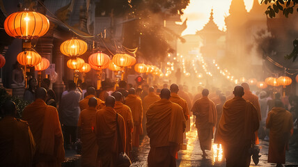 A photo of Buddhist monks leading a procession through the streets, carrying sacred relics and chanting sutras to commemorate Vesak Day