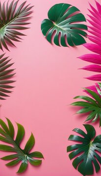Summer time, frame background, template, tropical leaves on pastel background, copy space, top view.