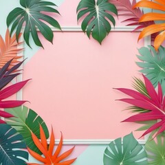 Fototapeta na wymiar Summer time, frame background, template, tropical leaves on pastel background, copy space, top view.
