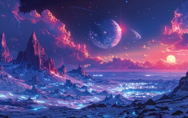 Fototapeta premium A captivating digital illustration of a winter wonderland at night with bright celestial bodies illuminating the sky