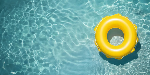 Yellow inflatable ring on clear beautiful water. Summer time concept. Template, copy space, rest, vacation. - obrazy, fototapety, plakaty