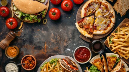 Top view of various fast foods on the table. National fast food day background concept. copy space. National Junk Food Day