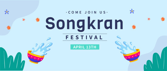 Songkran Thailand festival horizontal banner with water spalsh.