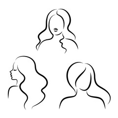 Collection. Silhouettes of a girl head in a modern one line style. Aesthetic outline, posters, stickers, logo. Vector illustration set.