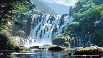 The majestic waterfall cascades down the rocks, its roar filling the valley below
