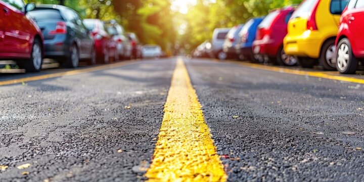 Multiple vehicles parked neatly in a row along the roadside