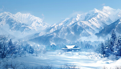 The snow covered mountains offer a breathtaking backdrop for a peaceful winter retreat
