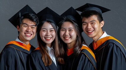 High school grads in cap and gowns, diverse group. Path of achievements amid nature's beauty. - obrazy, fototapety, plakaty
