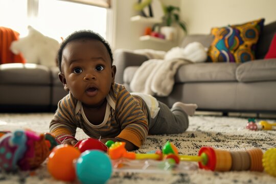 A black-skinned infant baby exploring the world around of a living room with a variety of stimulating toys laying on tummy.