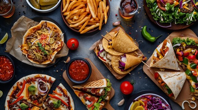 Unhealthy fast food with sauces on wooden table. Top view of various fast foods on the table. National fast food day background concept. copy space. National Junk Food Day