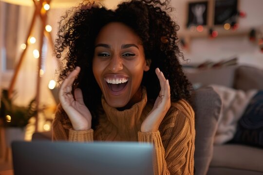 A young woman, seated before her laptop, wears a surprised expression as she receives a virtual Valentine's Day surprise, their video call capturing her heartfelt reaction and deep appreciation.