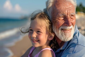 A grandchild and grandfather enjoying a day at the beach.