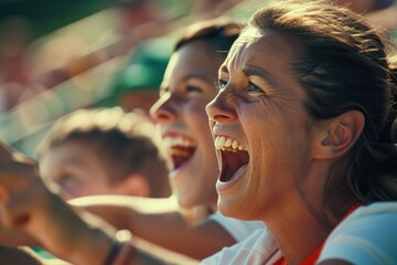 Mothers cheering on their child at a sports game, their faces proud and enthusiastic as they support their athletic endeavors.