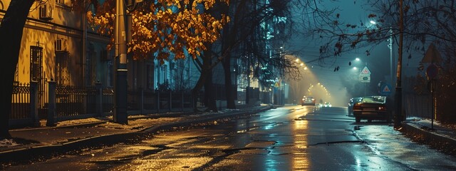 a rainy night with a street light