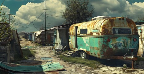 an old trailer and a camper are parked in a junkyard