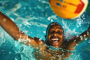 An African American boy teenager playing water volleyball in a swimming pool.