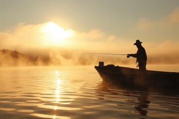 A fisherman casting his line from a boat at sunrise in the river,