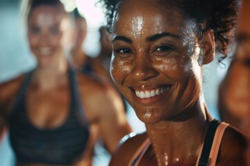 A young African American woman attending a group fitness class with glowing sweat face and...