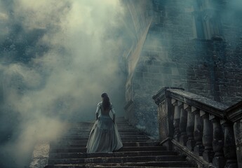 a woman in a long dress standing on a set of stairs in a foggy area - obrazy, fototapety, plakaty