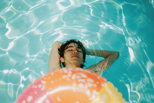 A young boy teenager floating in swimming pool inflatable raft, his face framed by the bright colors of the float and the shimmering water.