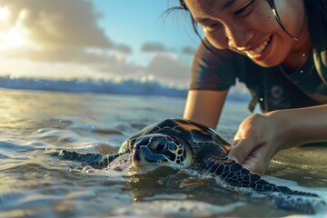 A young woman releases rescued sea turtles back into the ocean, embracing the opportunity to contribute to marine wildlife conservation, and effort to protect creatures and habitat.