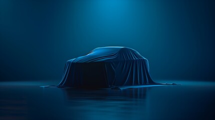 Luxurious car draped in fabric, unveiled in dark studio, 3D rendering. Expensive gift, realistic blue presentation.
