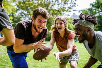 Friends enjoying game of touch football, relishing their weekend leisure time during the holidays.