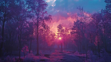 Foto op Canvas sunset on the forest with vaporwave tone color, suitable for wallpaper, poster. Generative AI © wellyans