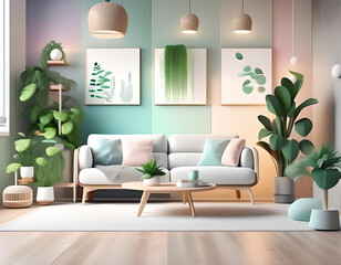 Illustration of modern interior background, living room in nordic style. Contemporary style, 3D illustration. Cosy living room interior decorated with pastel colors, plants, furniture. Generative AI
