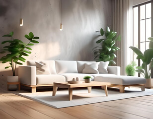 Illustration of modern interior background, living room in minimalist style. Contemporary style, 3D render, 3D illustration. Cosy living room interior decorated with plants, furniture. Generative AI
