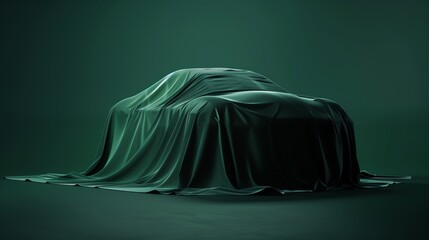 Luxurious car draped in fabric, unveiled in dark studio, 3D rendering. Expensive gift, realistic green presentation.