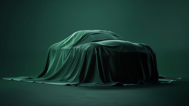 Luxurious car draped in fabric, unveiled in dark studio, 3D rendering. Expensive gift, realistic green presentation.