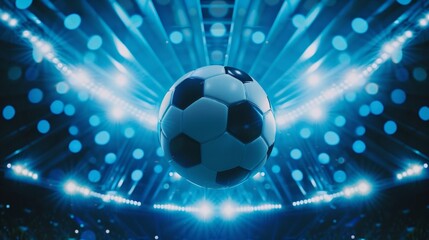 Fototapeta premium Soccer ball with blurred stadium in the Illustration of a soccer ball with blurred stadium in the background surrounded by dazzling lights