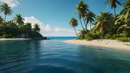 "A small deserted island depicted in a photorealistic style. The scene is outdoors, showcasing a serene tropical setting with lush palm trees on the island. Surrounding the island is the expansive oce